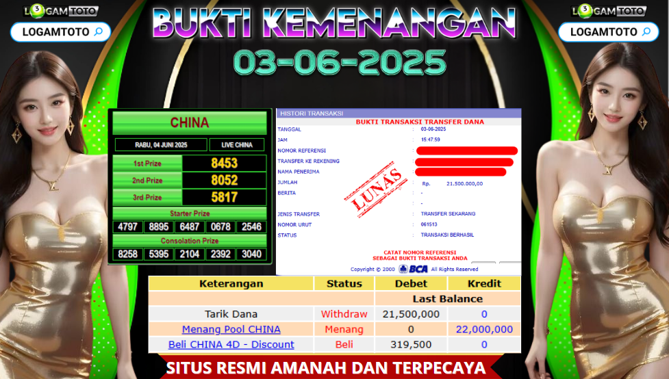 SELAMAT KEPADA MEMBER SETIA LOGAMTOTO BERHASIL NEBAK ANGKA TOGEL JITU DI PASARAN CHINA POOLS